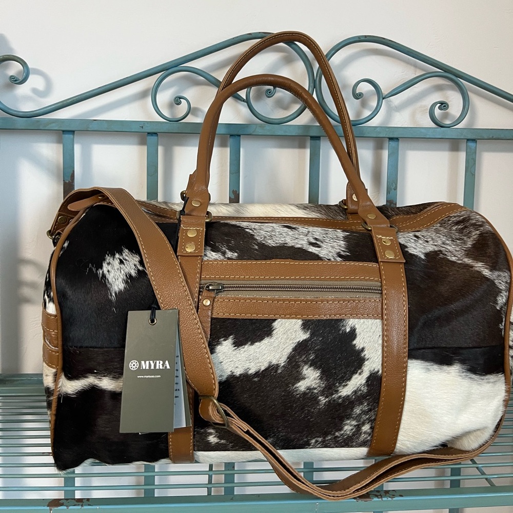 New Myra Bag Onyx Cowhide Leather Mini Small Duffel Western Travel Weekender - Picture 6 of 15